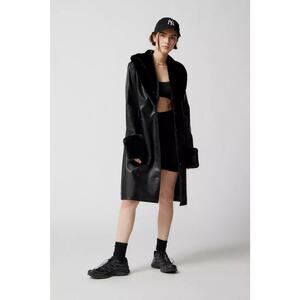 NWT Lioness Brooklyn Faux Leather Longline Coat Black Faux Fur Trim Size M